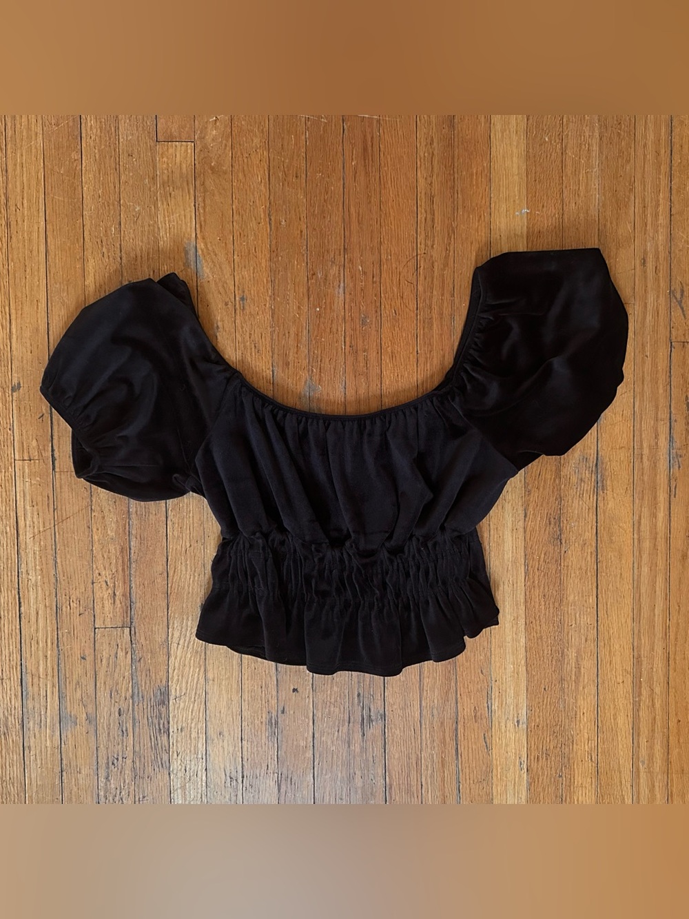Black Smocked Waist Cropped Puff Sleeve Women's Top
